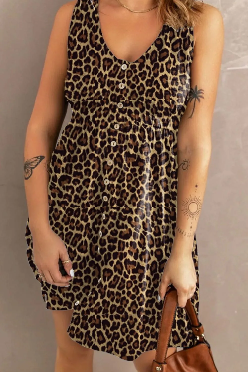 Printed Scoop Neck Sleeveless Buttoned Magic Dress with Pockets, image 6