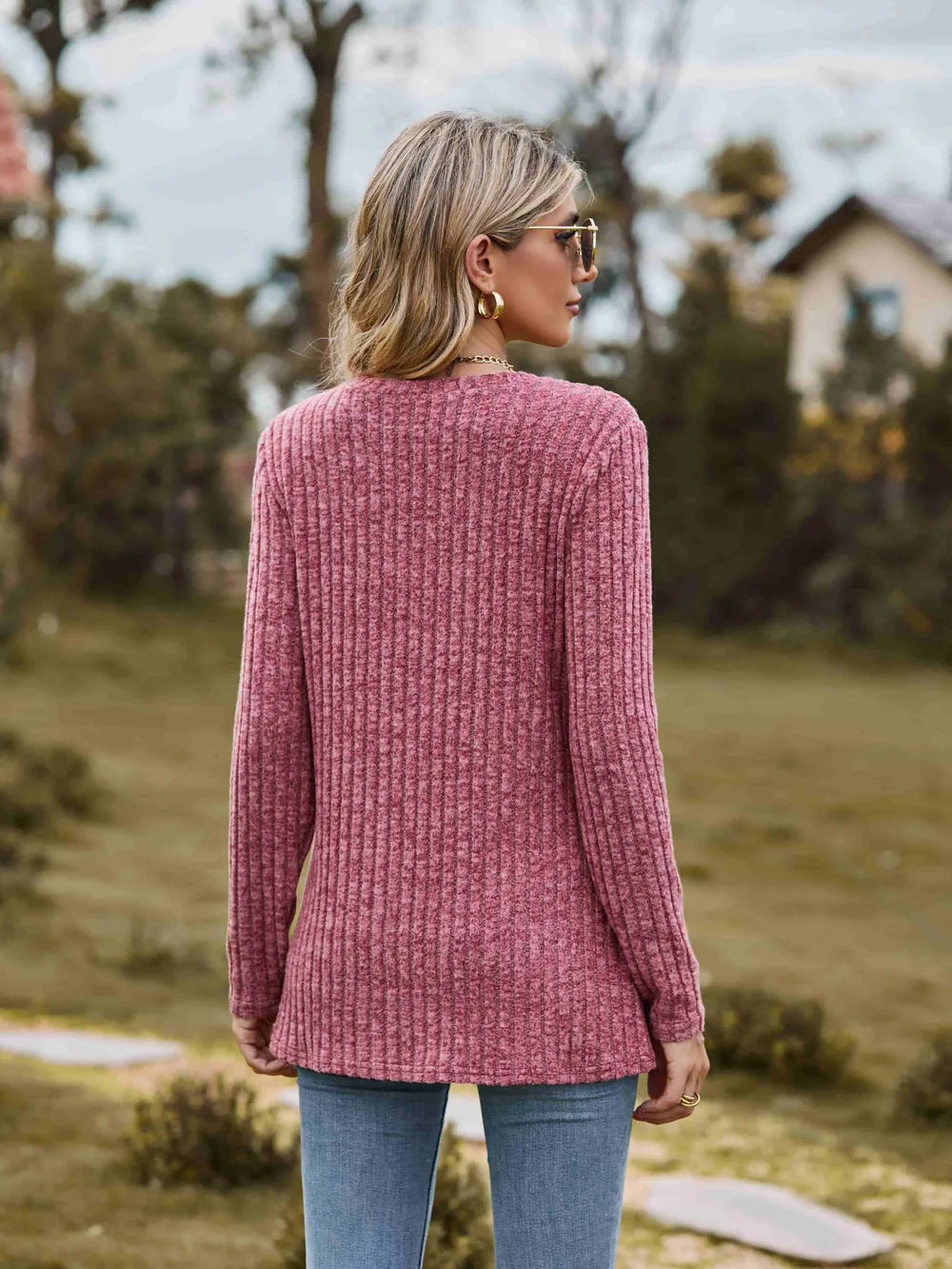 Ribbed Round Neck Long Sleeve Tee, image 3