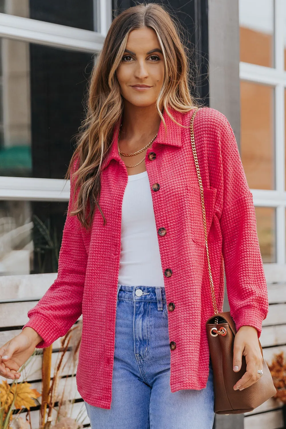 Waffle-Knit Collared Neck Dropped Shoulder Shirt, image 2