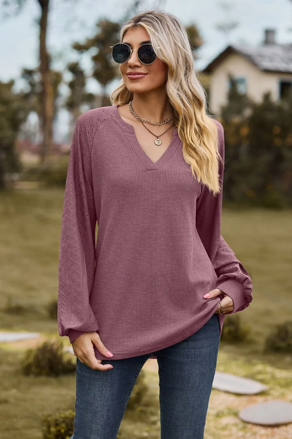 Notched Neck Raglan Sleeve Blouse, image 4