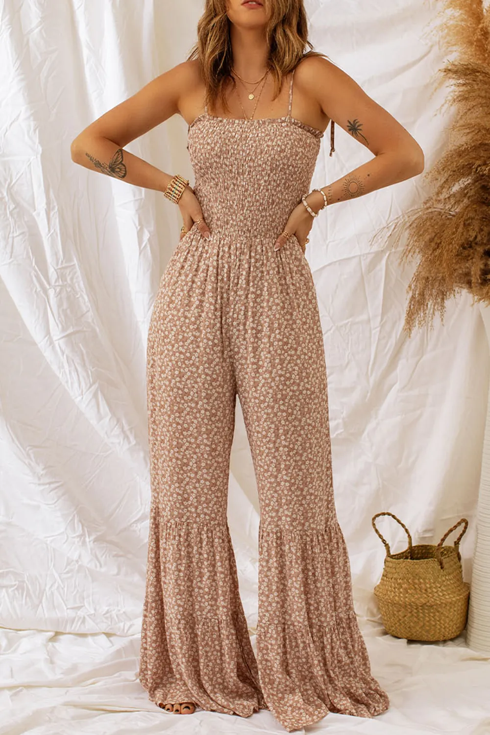 Floral Spaghetti Strap Smocked Wide Leg Jumpsuit, image 3