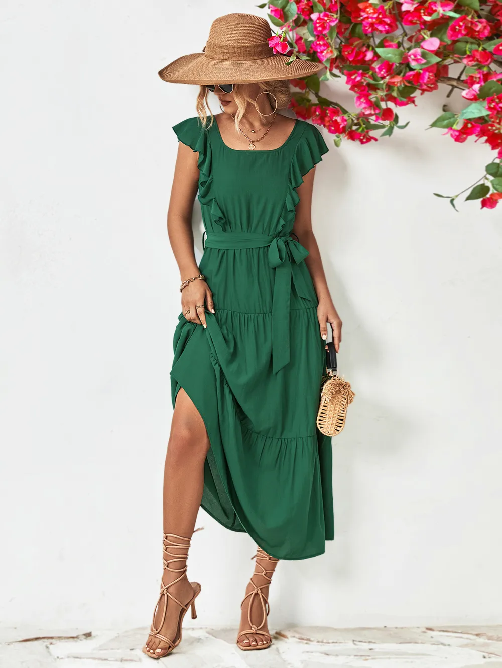 Tie Belt Ruffled Tiered Dress, image 4