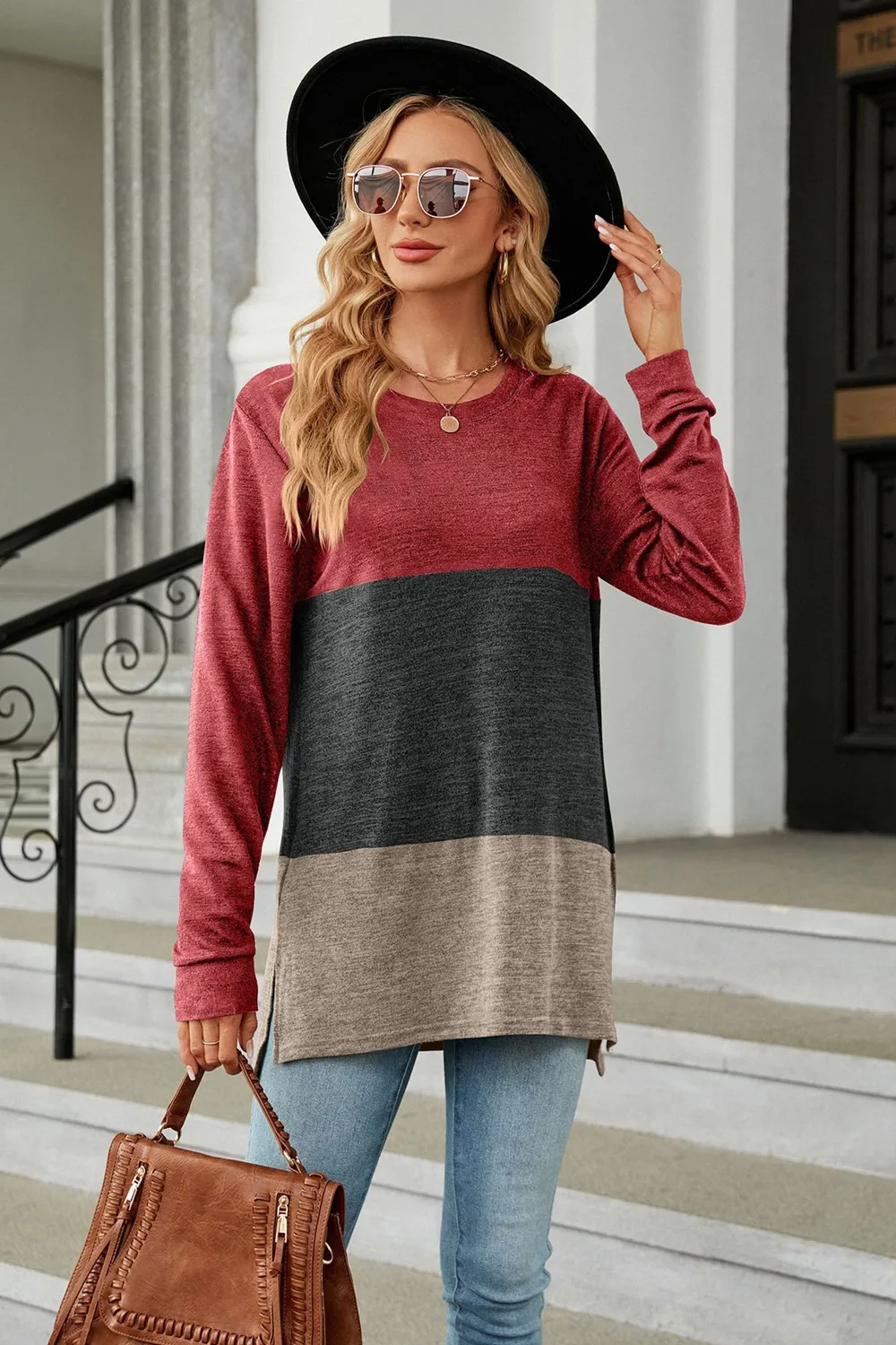 Color Block Round Neck Long Sleeve Slit T-Shirt, image 13