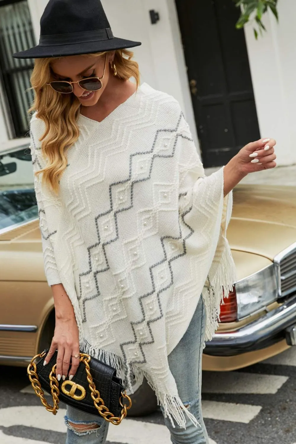 Pearl Trim V-Neck Fringe Hem Poncho, image 3