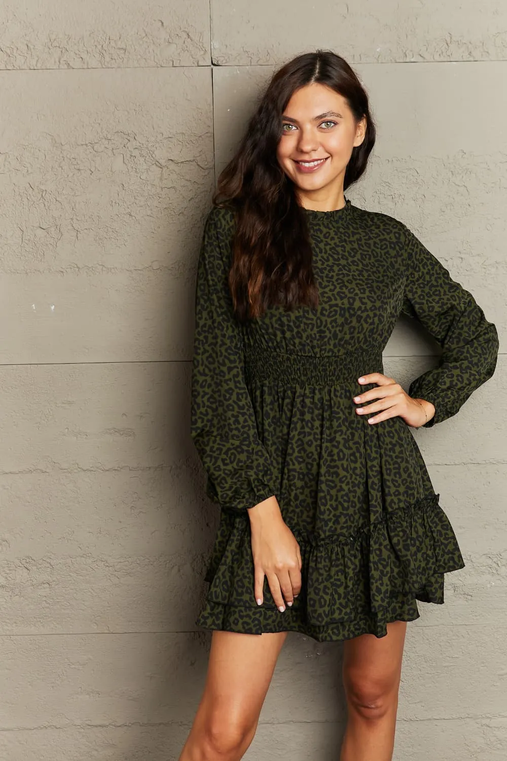 Leopard Smock Waist Long Sleeve Dress, image 5