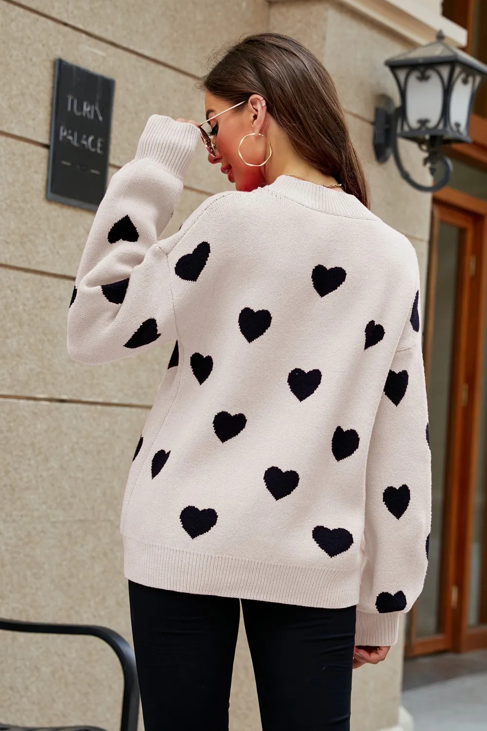 Heart Pattern Lantern Sleeve Round Neck Tunic Sweater, image 19
