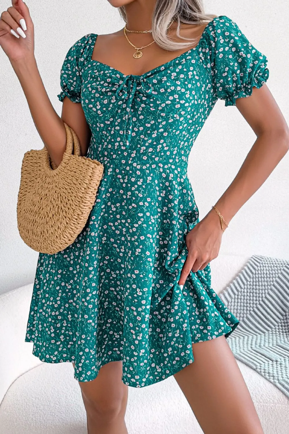 Ditsy Floral Drawstring A-Line Dress, image 7
