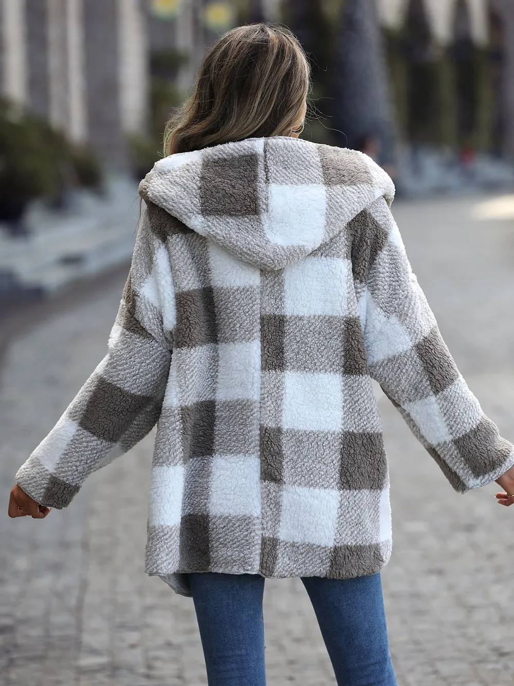 Plaid Open Front Hooded Coat, image 2