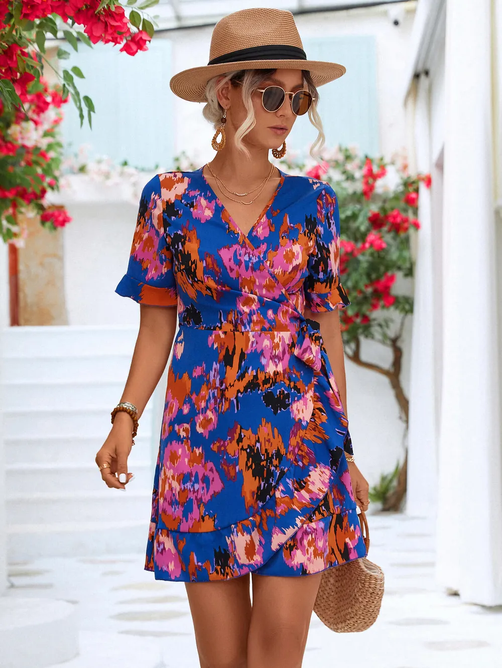 Printed Flounce Sleeve Tied Dress, image 3