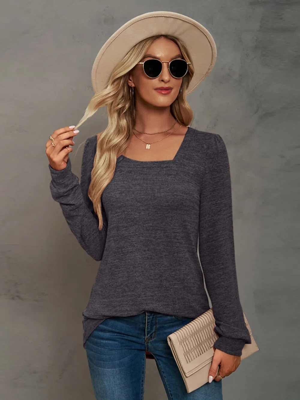Heathered Square Neck Long Sleeve T-Shirt, image 20