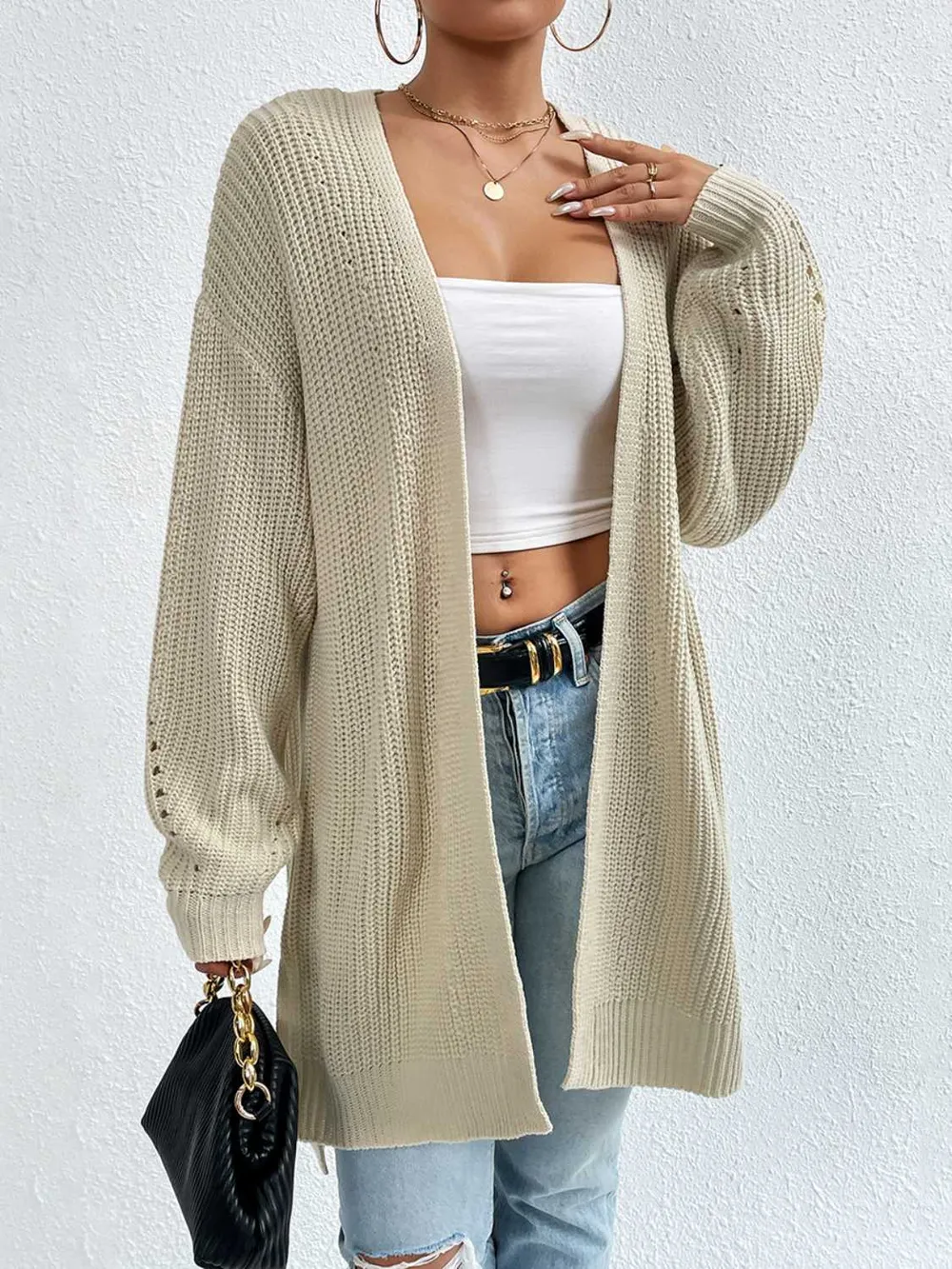 Open Front Dropped Shoulder Slit Cardigan, image 7