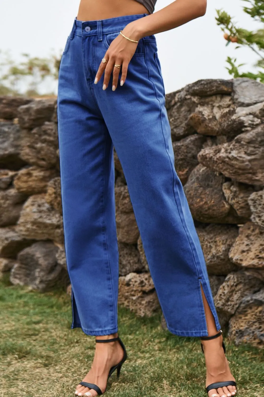 High Waist Loose Fit Ankle Slit Jeans, image 2