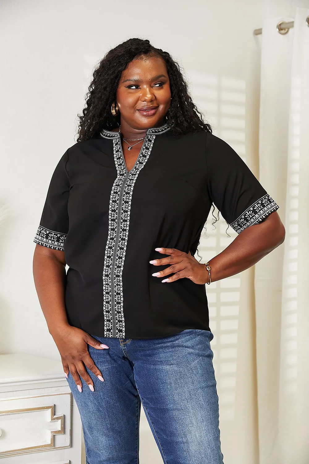 Embroidered Notched Neck Top, image 3