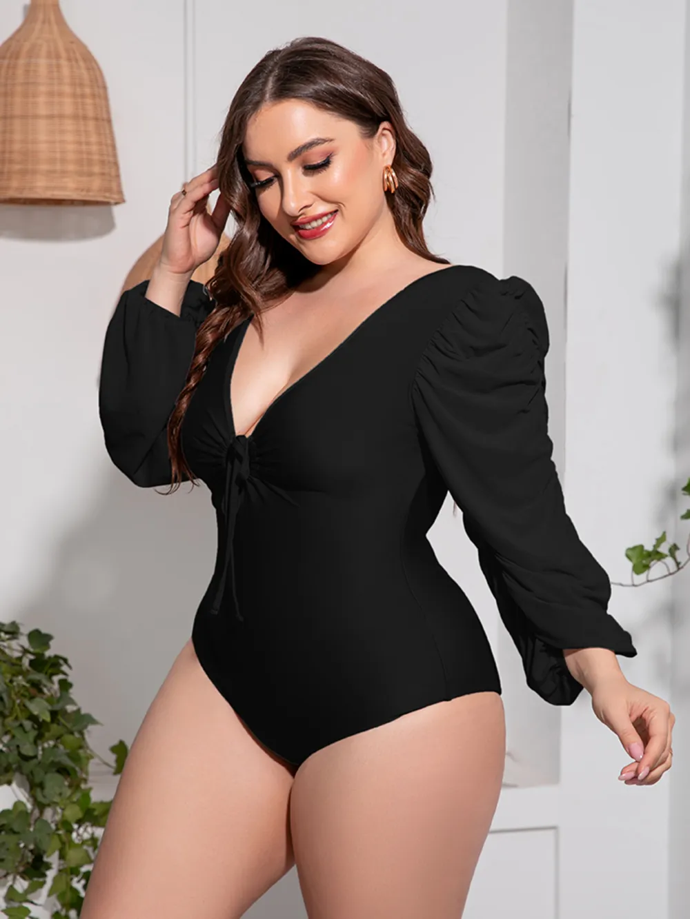 Plus Size Tied Deep V Balloon Sleeve One-Piece Swimsuit, image 5