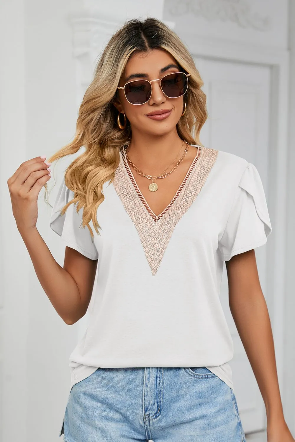 Contrast Trim Petal Sleeve V-Neck Top, image 20