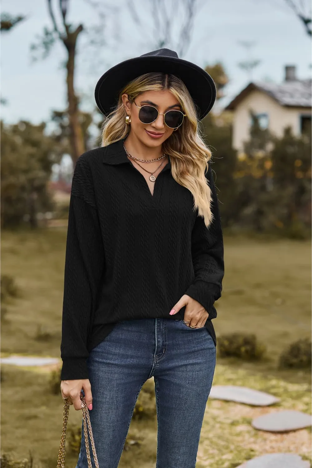 Collared Neck Cable-Knit Long Sleeve Blouse, image 20