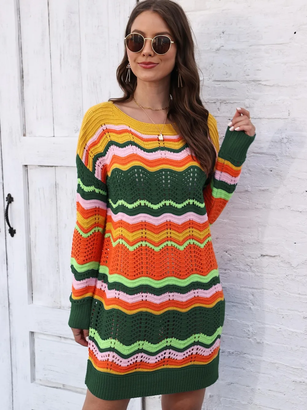 Openwork Round Neck Sweater Dress, image 7