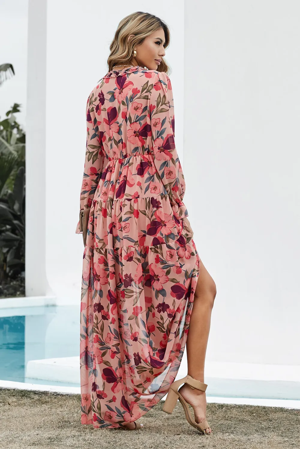 Floral Frill Trim Flounce Sleeve Plunge Maxi Dress, image 3