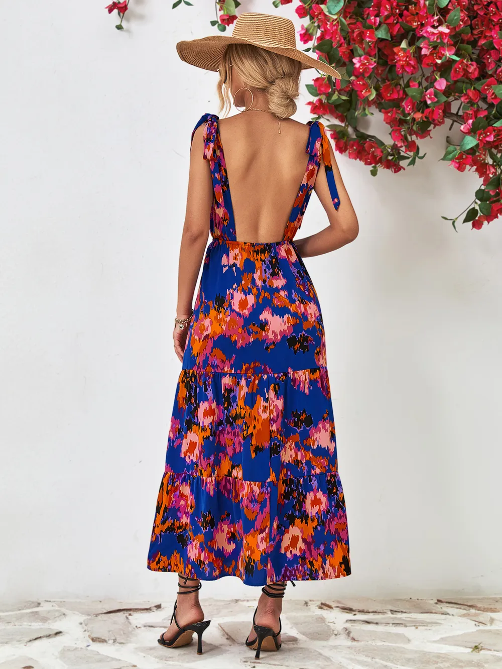 Multicolored V-Neck Backless Midi Dress, image 3
