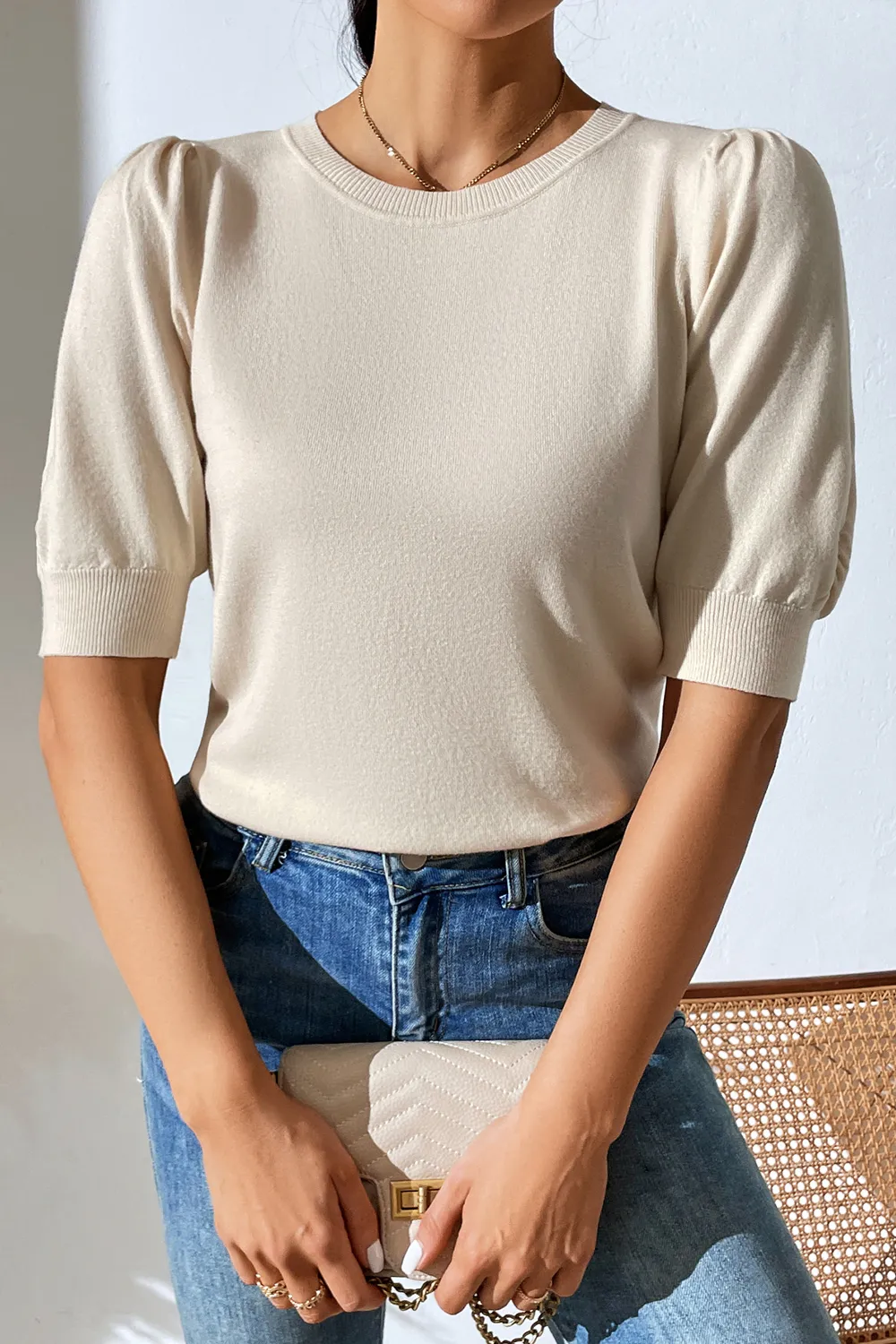 Round Neck Puff Sleeve Knit Top, image 14