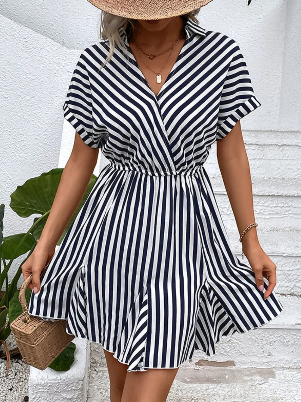 Striped Johnny Collar Mini Dress, image 2