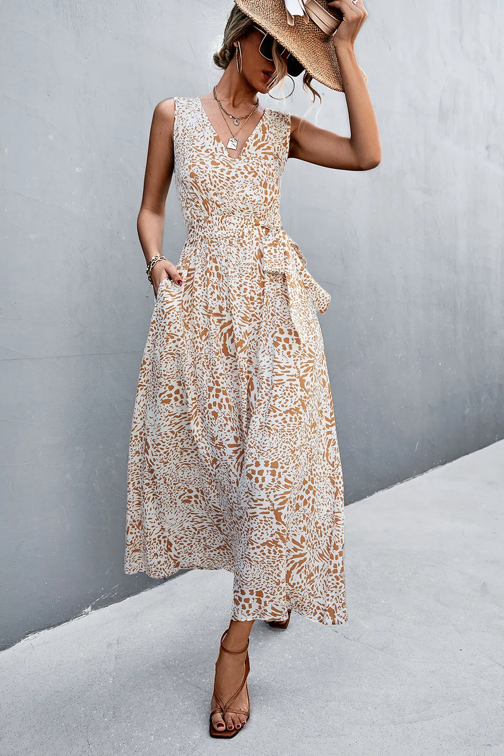 Printed V-Neck Tie Waist Maxi Dress, image 3