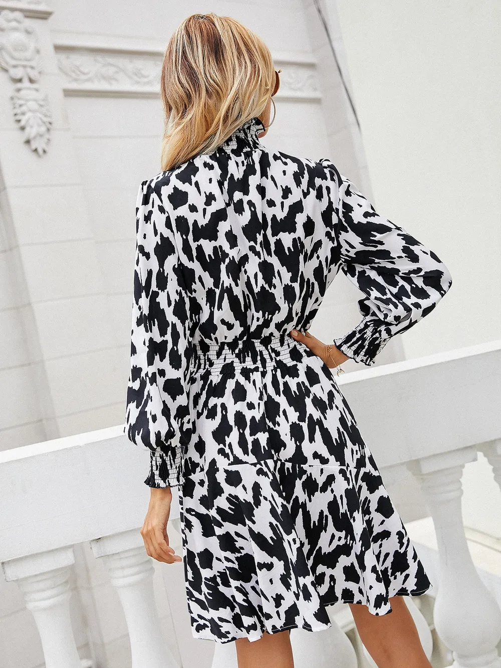 Printed Lantern Sleeve Turtleneck Dress, image 2