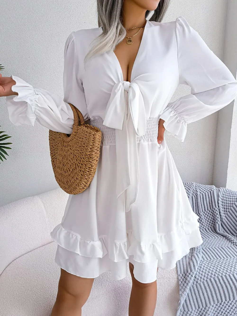 Tie Front Smocked Waist Flounce Sleeve Dress, image 11
