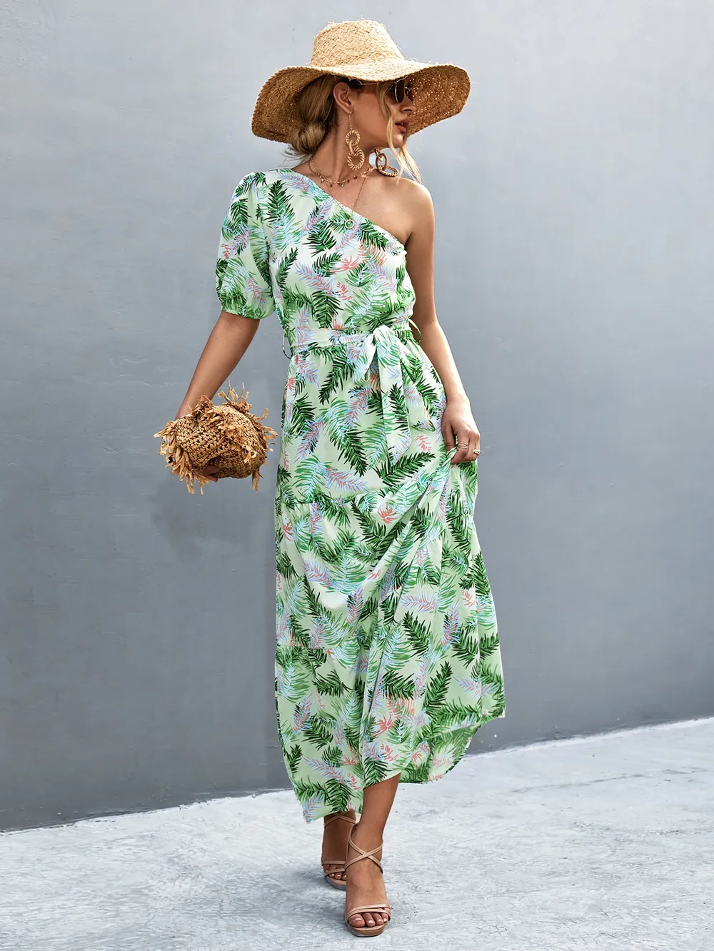Printed Tie Waist One Shoulder Maxi Dress, image 4