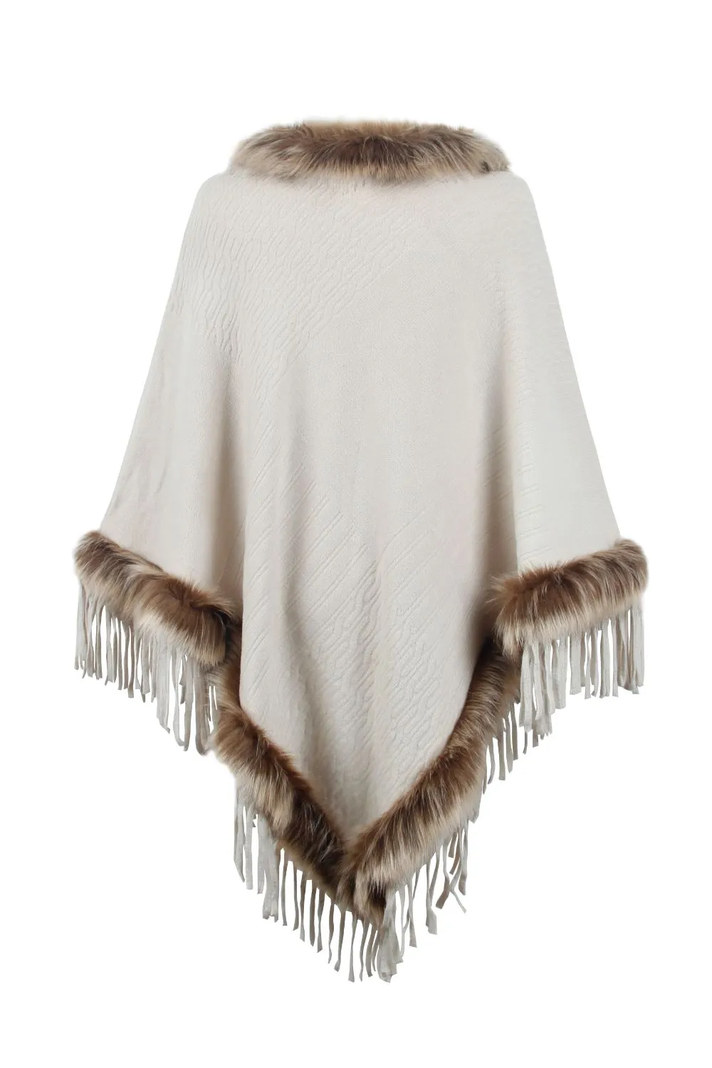 Faux Fur Trim Fringed Poncho, image 3