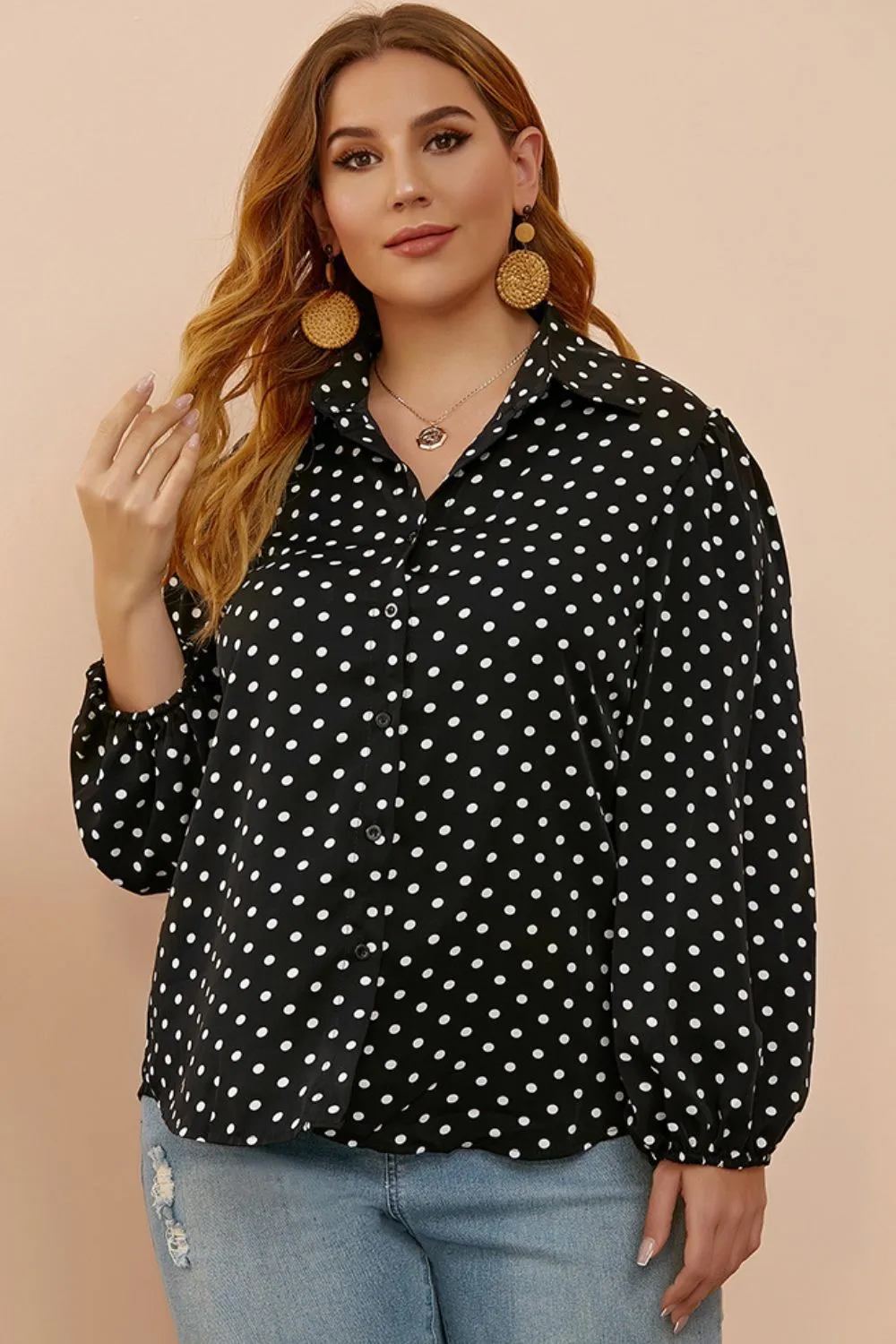 Plus Size Polka Dot Balloon Sleeve Shirt, image 3