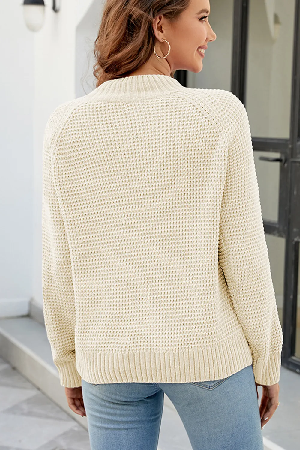 Waffle-Knit Round Neck Reglan Sleeve Sweater, image 7