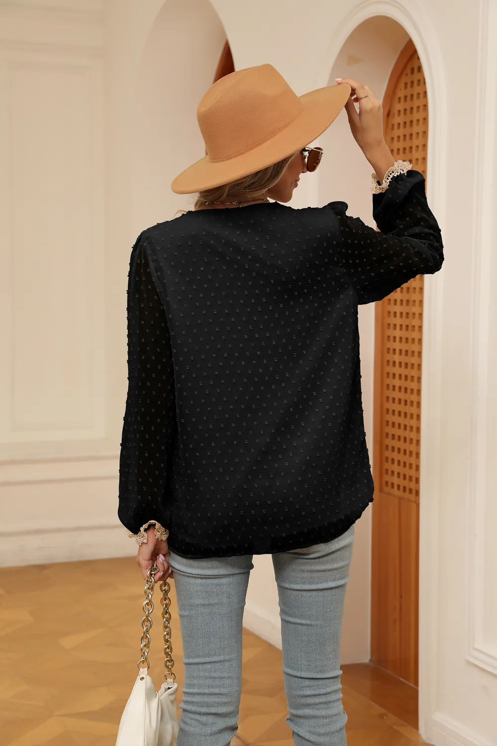 Swiss Dot Contrast V-Neck Blouse, image 2