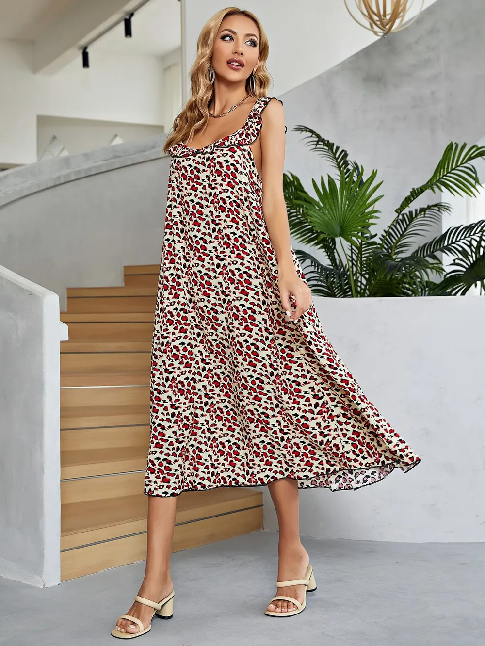 Printed Ruffled Sleeveless Midi Dress, image 3