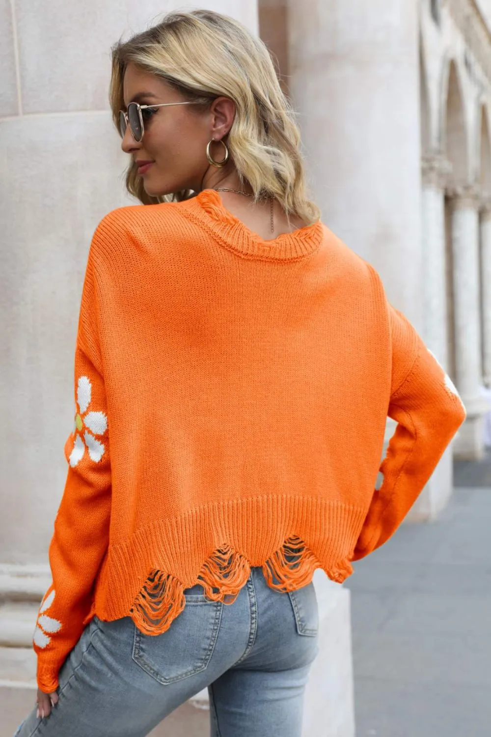 Flower Distressed Ribbed Trim Sweater, image 6