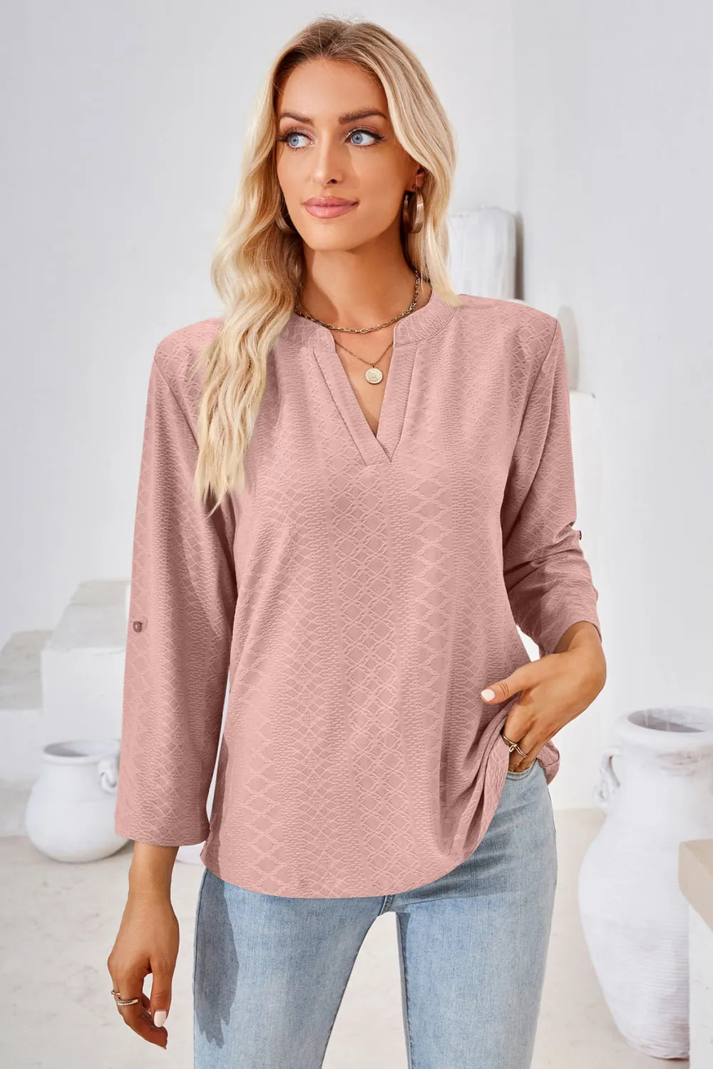V-Neck Roll-Tap Sleeve Blouse, image 16