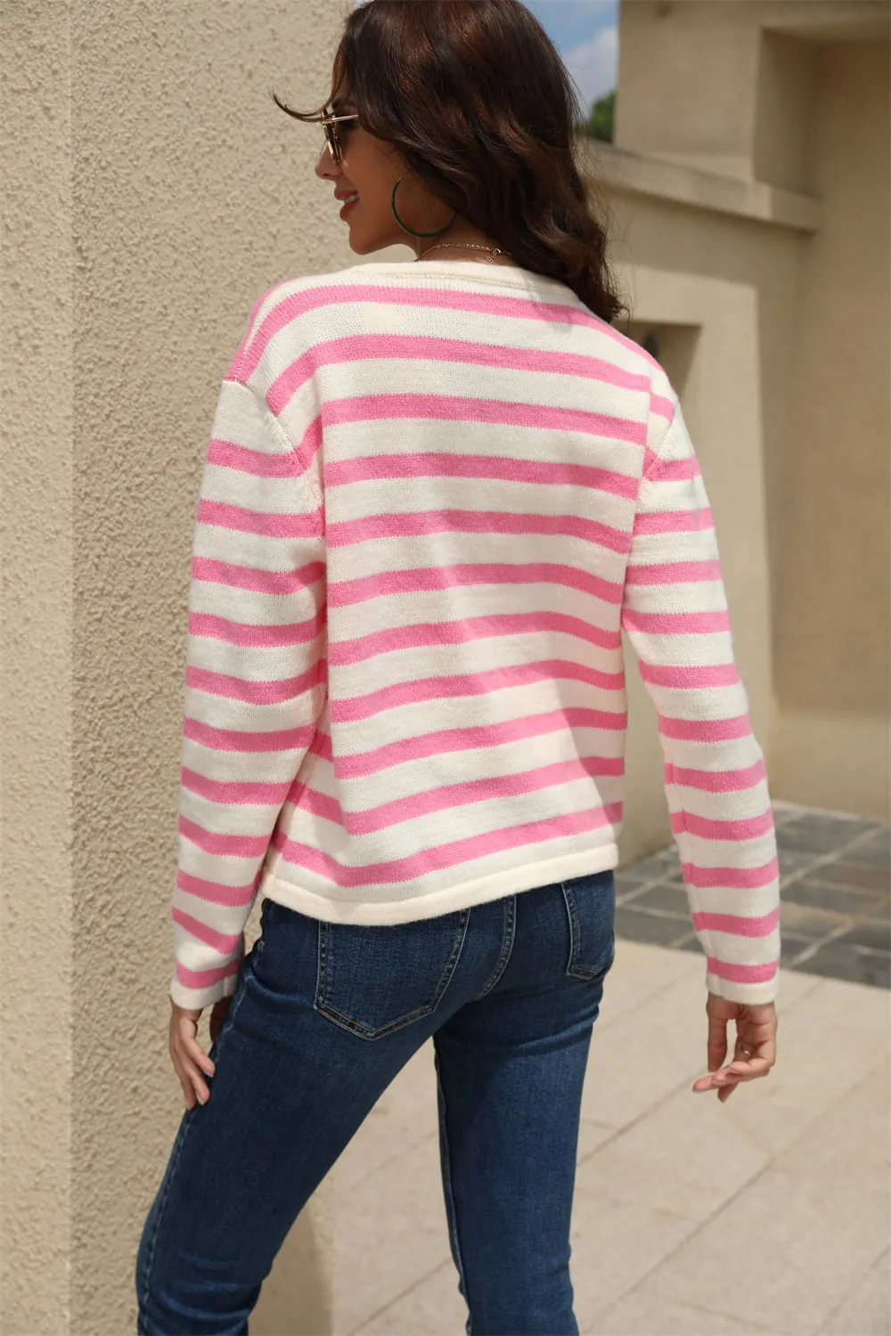 Striped Round Neck Button-Down Dropped Shoulder Cardigan, image 4