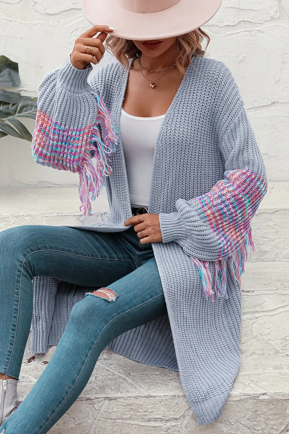Fringe Sleeve Dropped Shoulder Cardigan, image 4