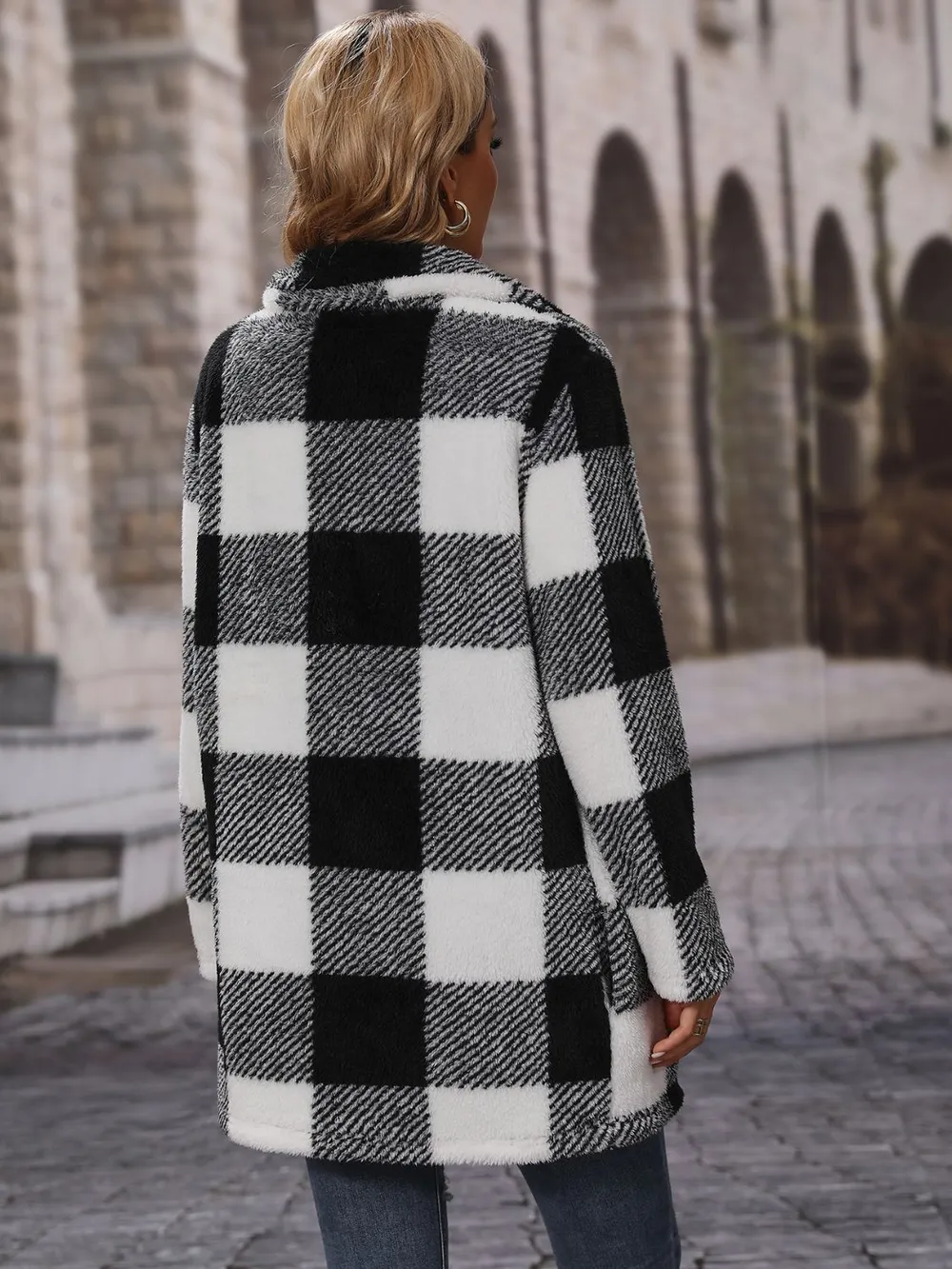 Plaid Collared Neck Coat with Pockets, image 2