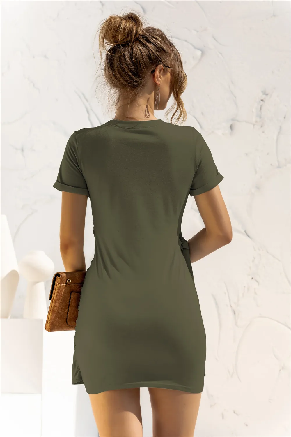 Round Neck Cuffed Sleeve Side Tie Dress, image 5