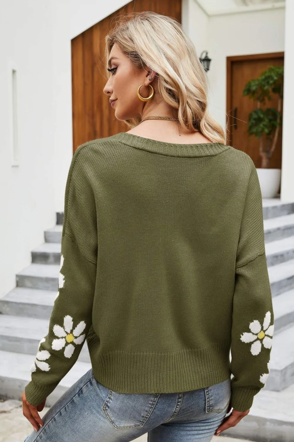Floral Ribbed Trim Drop Shoulder Cardigan, image 6