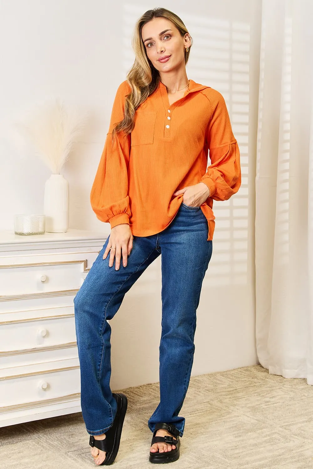 Side Slit Buttoned Waffle Knit Hoodie, image 3