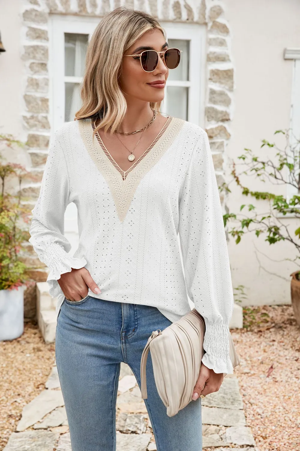 Eyelet V-Neck Smocked Flounce Sleeve Blouse, image 21