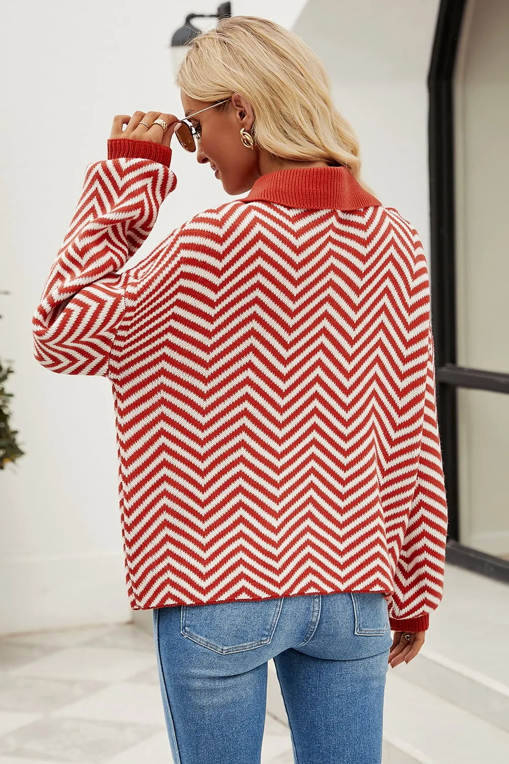 Striped Collared Neck Buttoned Pullover Sweater, image 8