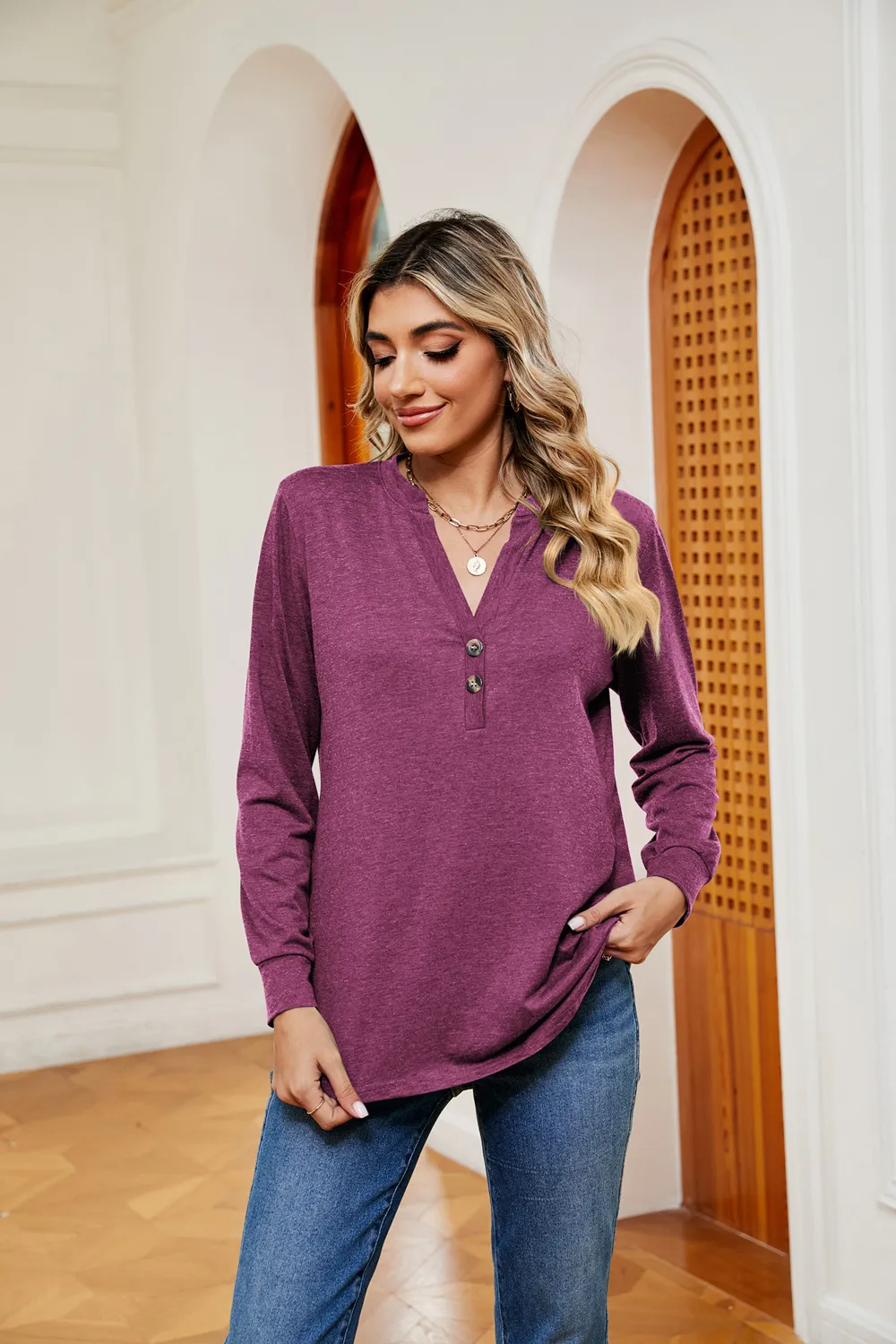 Buttoned Notched Neck Long Sleeve Top, image 19