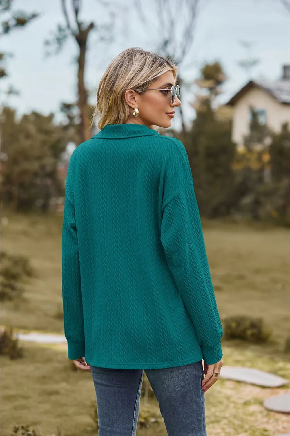 Collared Neck Cable-Knit Long Sleeve Blouse, image 13