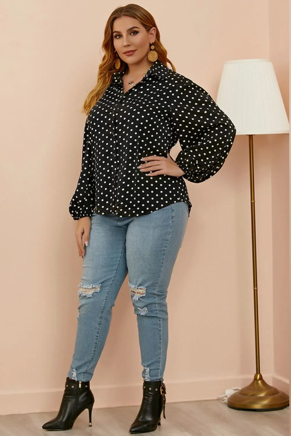 Plus Size Polka Dot Balloon Sleeve Shirt, image 4