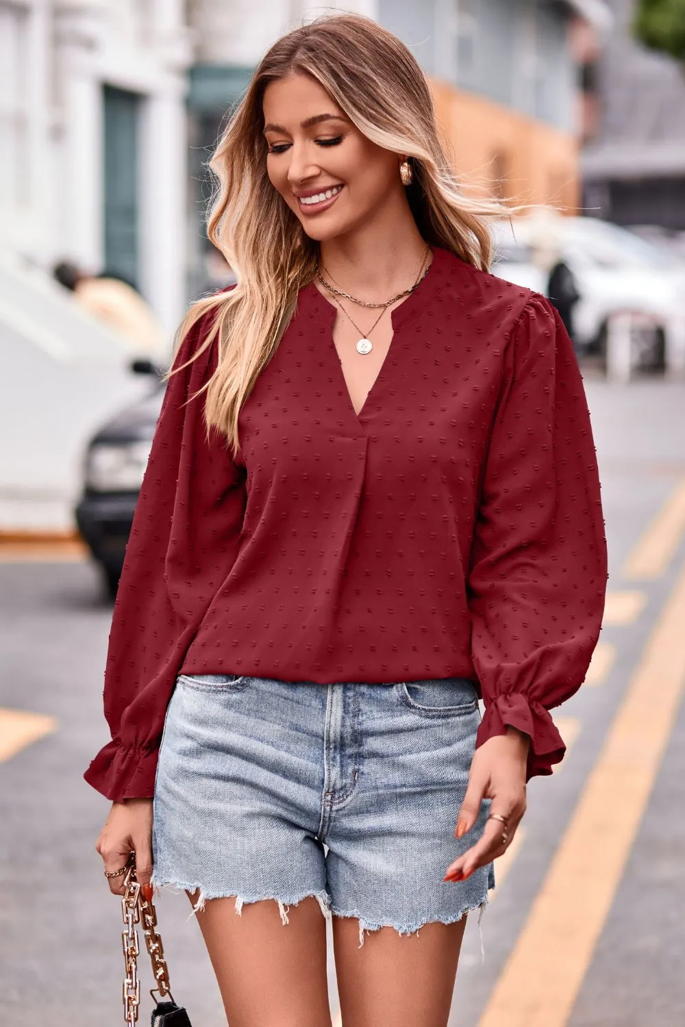 Swiss Dot Notched Neck Flounce Sleeve Blouse, image 17