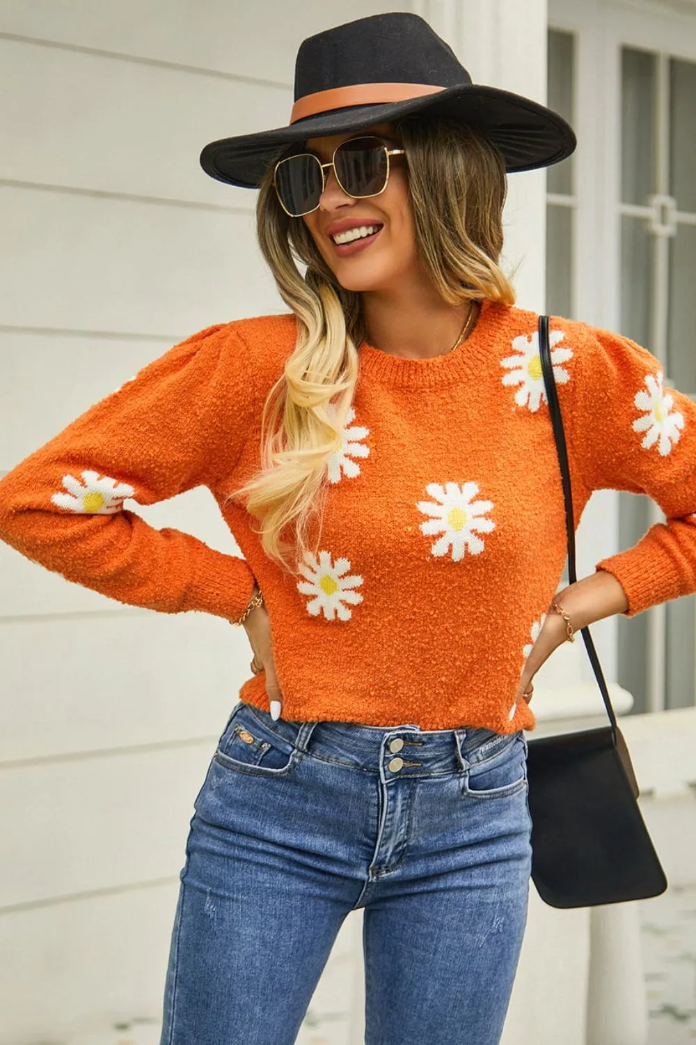 Flower Pattern Round Neck Short Sleeve Pullover Sweater, image 14