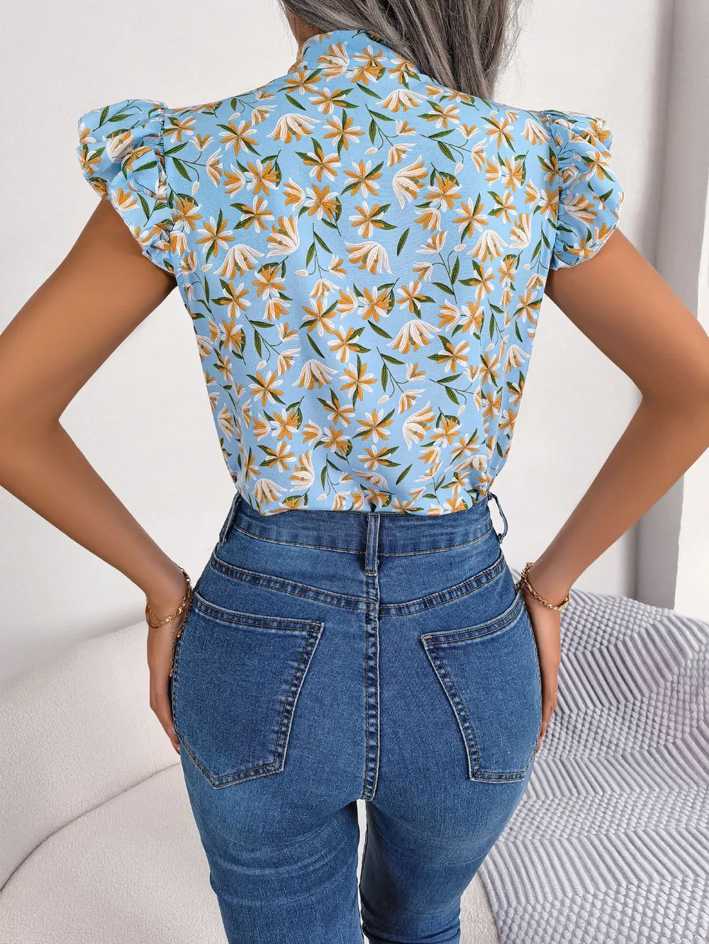Floral Tie Neck Flutter Sleeve Blouse, image 4
